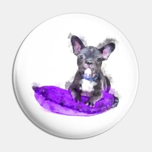 Cute Black And White Bulldog Puppy On A Purple Cusion Digital Portrait Pin