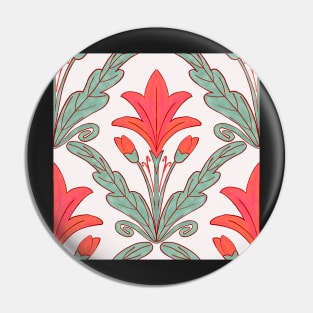 Regency style modern floral damask medallion pattern in deep melon red and sage green Pin