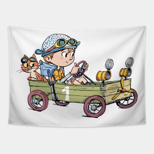 boy in a wooden cart and a cat imagines that he is in a racing car Tapestry