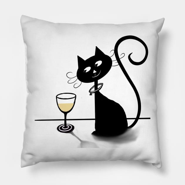 Cosmic Cat with Wine (White) Pillow by TheCoatesCloset