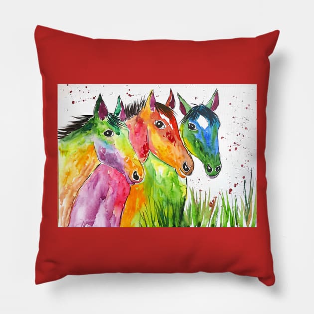 Three Colourful Horses Pillow by Casimirasquirkyart