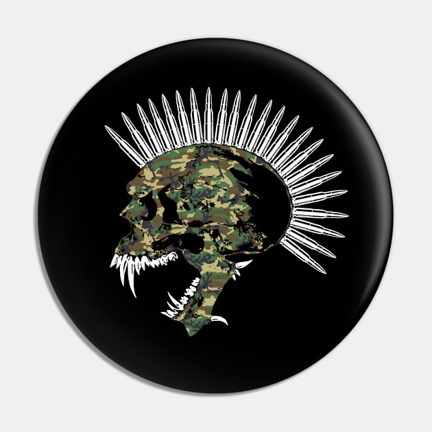 Bullet Head Mohawk Skull in Camouflage Pin by RawSunArt