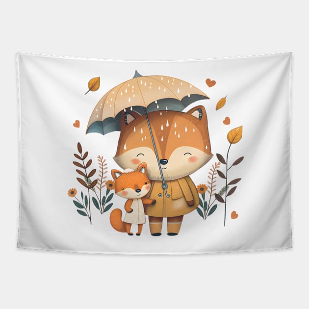 Cute Foxes Sharing an Umbrella Pink Tapestry by Anicue