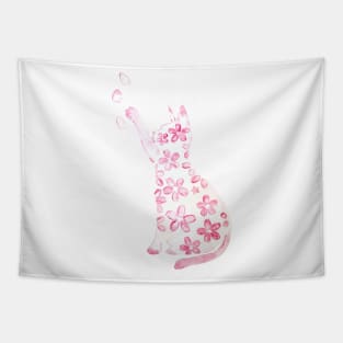 pink cat and cherry flowers watercolor Tapestry