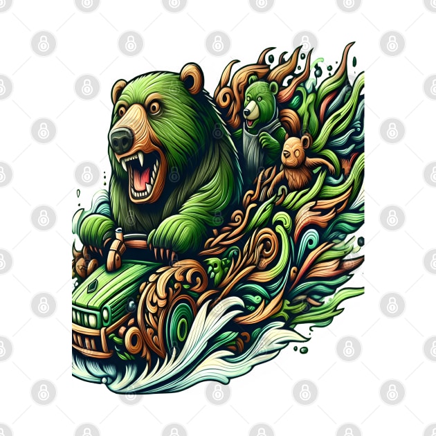 Animated Bears Riding a Green Car in a Vibrant Fantasy Illustration by coollooks