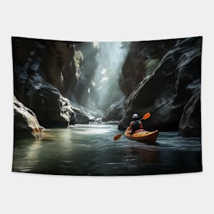 Adventurous Scene Of A Kayak Navigating Through A Narrow River Canyon Tapestry