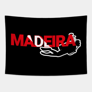 The word Madeira filled with the diving flag colours and a scuba diver Tapestry