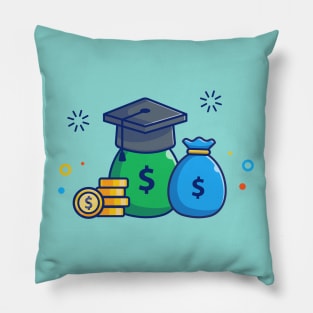 Scholarship, Money Bag, Gold Coin And Graduation Cap Cartoon Pillow