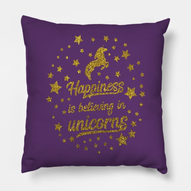 Happiness is believing in unicorns gold glitter Christmas Unicorn Design Pillow by sarahwainwright