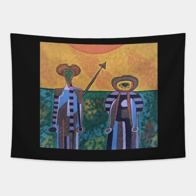 Mexican Style Abstract Colorful Don Quijote and Sancho Tapestry by gldomenech