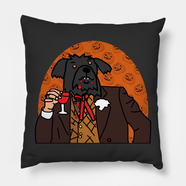 Vampire Dog Drinking Wine Halloween Horror Portrait Pillow by ellenhenryart