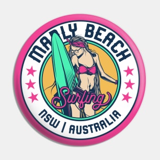 Retro Surfer Babe Badge Manly Beach NSW New South Wales Australia Pin