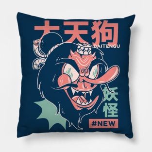 Retro Japanese Daitengu Yokai Illustration | Japanese Folklore Creatures Pillow