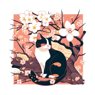 Kawaii Cats under Cherry Blossom Trees Cute Japanese Sakura T-Shirt