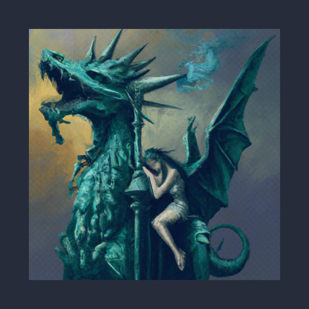 The Copper Green Dragon Statue And Lonely Girl by MythicalWorld