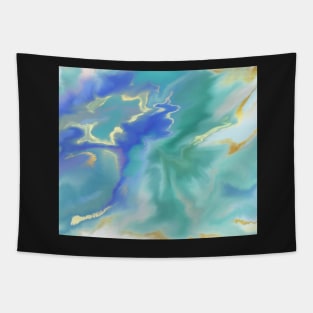 Digital Abstract in Turquoise, Indigo, and Gold Tapestry