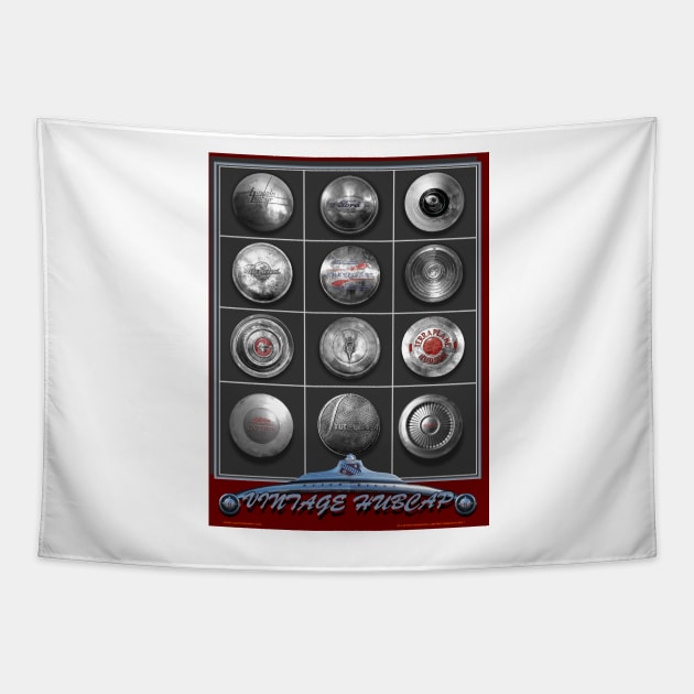 CLASSIC CAR CHROME HUBCAP COLLECTION Tapestry by Larry Butterworth