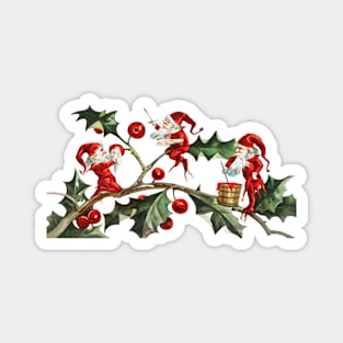 Santa Elves Painting Berries on Holly Leaves Magnet