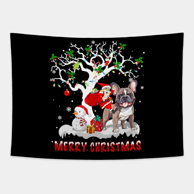 Christmas French Bulldog On Tree Santa French Bulldog Dog Tapestry by Mitsue Kersting