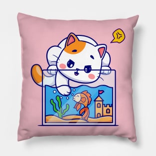 Cute Cat Playing With Fish In Aquarium Cartoon Pillow