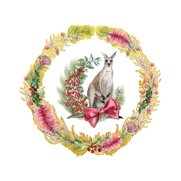 An Australian Native Floral Wreath - Christmas Kangaroo by annaleebeer