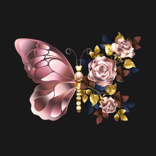 Flower Butterfly with Pink Gold Roses T-Shirt