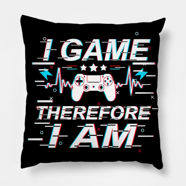 I Game Therefore I Am Pillow by NoBreathJustArt