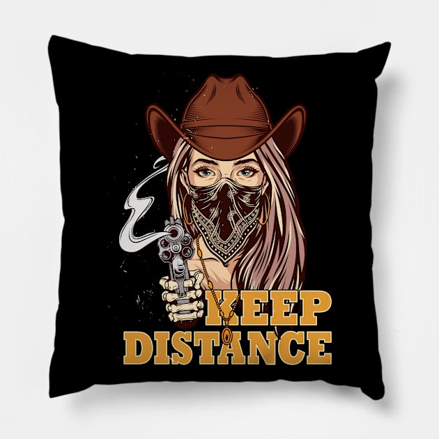 Social Distancing Keep Distance Coll Cowgirl Mask Revolver Pillow by peter2art