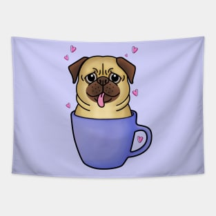 Cartoon Pug in A Blue Mug Tapestry