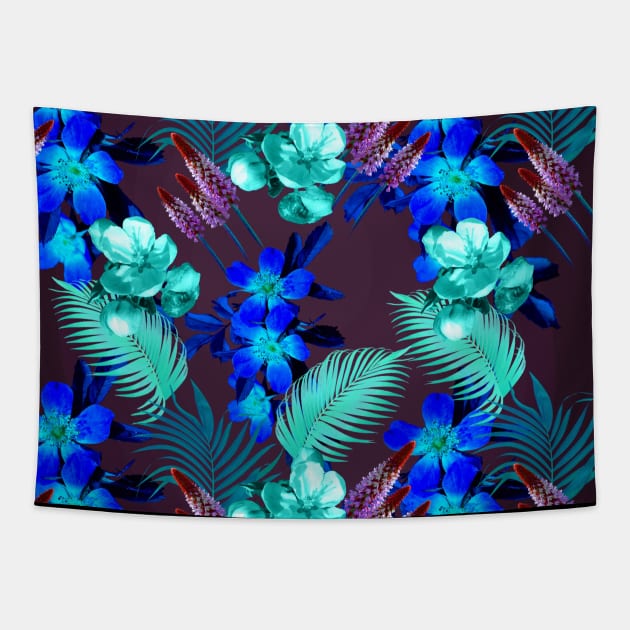 Palm Leaves And Flowers, Blue Purple Tapestry by Random Galaxy