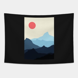 Minimalist Blue and Orange Mountainous Sunset Landscape Tapestry