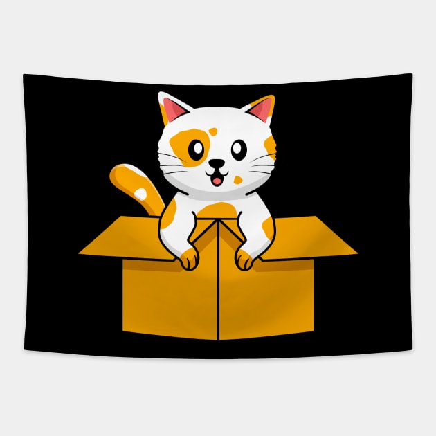 Cute Cat In A Cardboard Box Cat Lover Fun Tapestry by Foxxy Merch