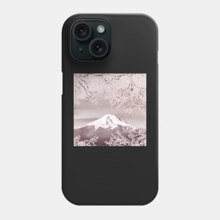 Cherry blossom branch on Fuji Mountain landscape. Watercolor spring Sakura blooming trees. Phone Case