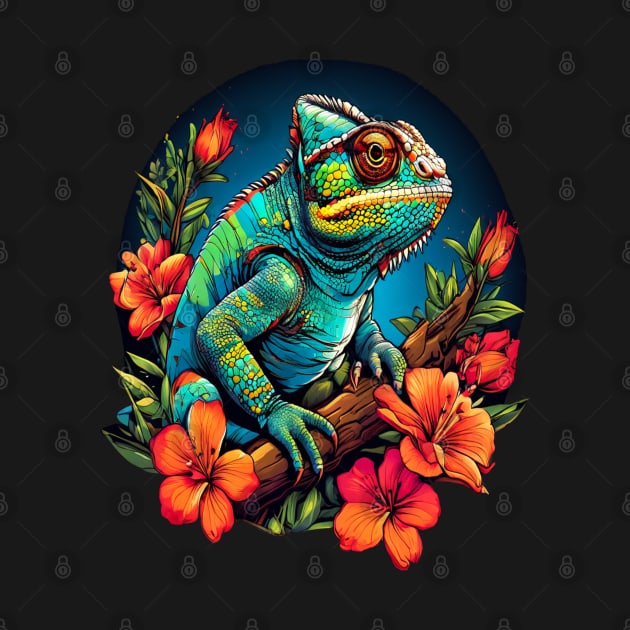 Chameleon Surrounded by Vibrant Spring Flowers by BirdsnStuff