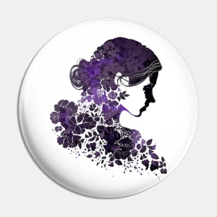 Silhouette of Woman with Purple Flowers Pin