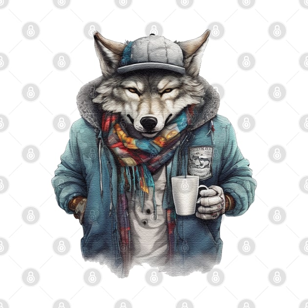 Wolf wearing a jacket holding a cup coffee by JnS Merch Store