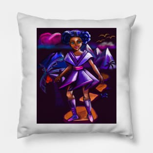 Anime girl with two puffs and lighting. Black afro anime girl in purple space fantasy scene ! beautiful  black girl with Braided hair, blue eyes, Cherry pink lips and dark brown skin. Hair love ! Pillow