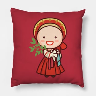 Cute Russian Village Girl in Traditional Clothing Cartoon Pillow