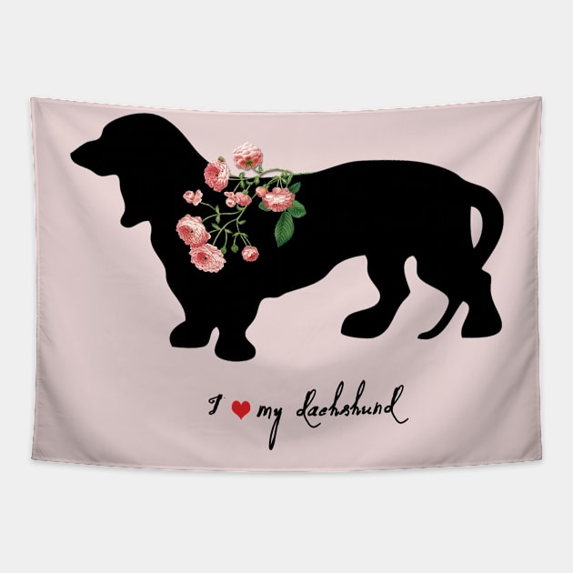 Cute Dachshund Dog Silhouette with Roses Tapestry by LizzyizzyDesign