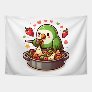 cute love birds are eating Mexican specialties, Tacos, Burritos, Enchiladas, Quesadillas, Guacamole, Fajitas, Chiles Rellenos, Tamales, Mole, Chilaquiles, Tapestry