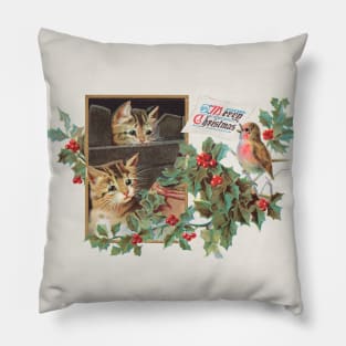 Cute Christmas Kitten Cats Vintage Greeting Card Pillow