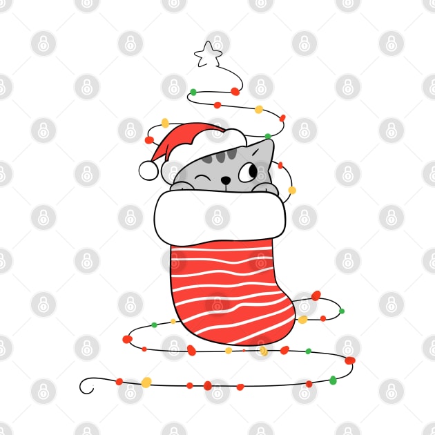 Cat in red sock with Christmas light. by stark.shop