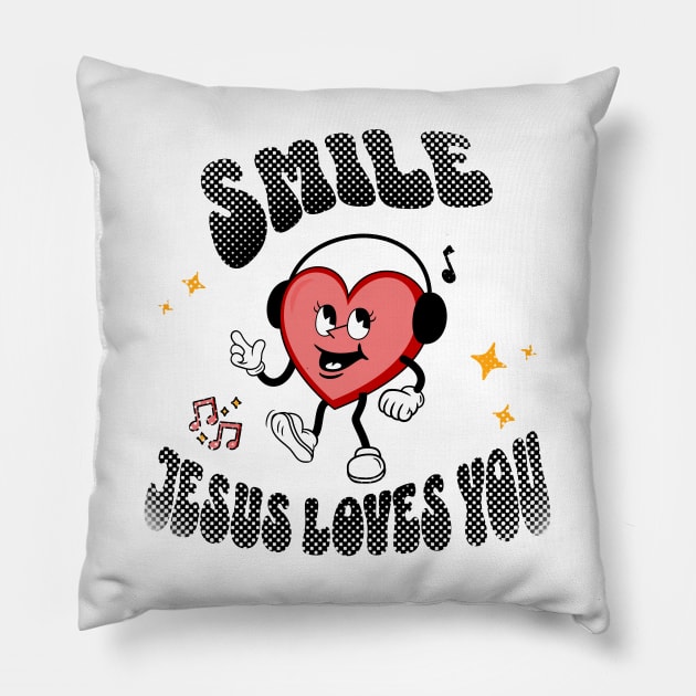 Smile Jesus Loves You - Groovy Heart design: Black text color with a cheerful heart smiley face Pillow by Yendarg Productions