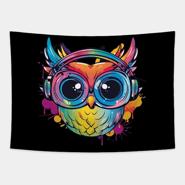 Colorful Owl Listening to Music wearing headphones Tapestry by WAADESIGN