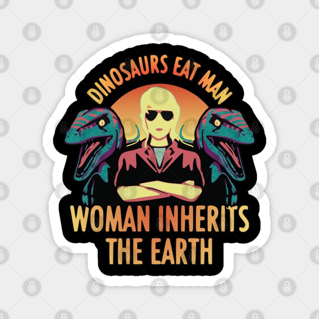 Dinosaurs Eat Man Woman Inherits The Earth (Sunset Edition) Magnet by RuftupDesigns