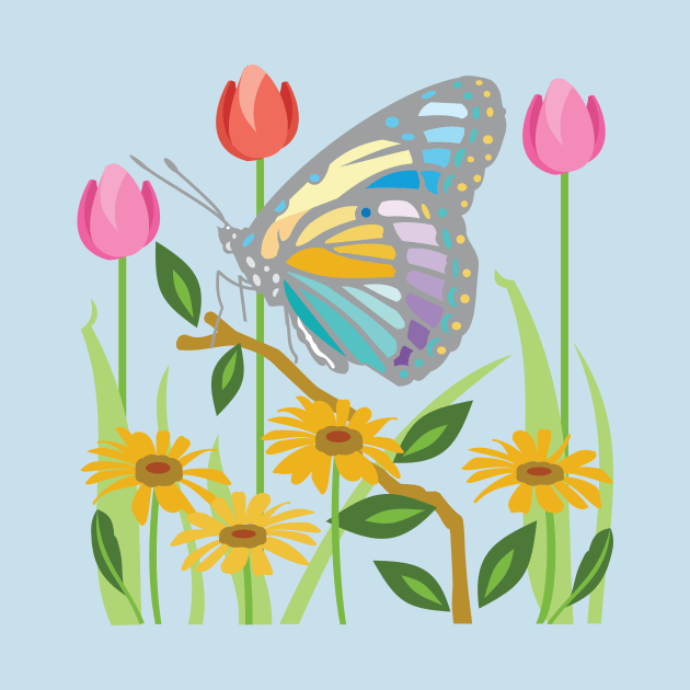 Butterfly in a Field of Tulips and Daisies by evisionarts