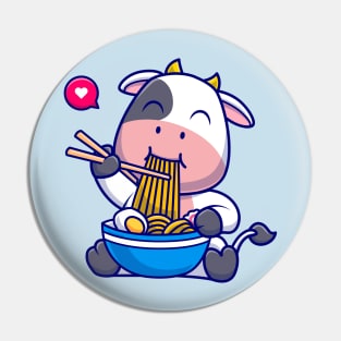 Cute Cow Eating Ramen Bowl With Chopstick Cartoon Pin