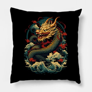 Ukiyo-e dragon waves Pillow