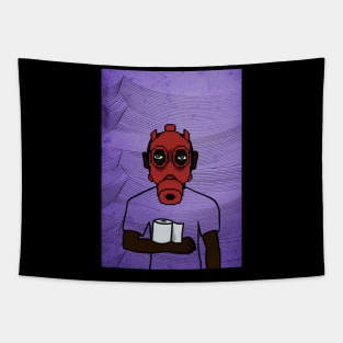 Pixelated Male Character with Green Eyes and Dark Skin Holding Toilet Paper on Waves Background Tapestry