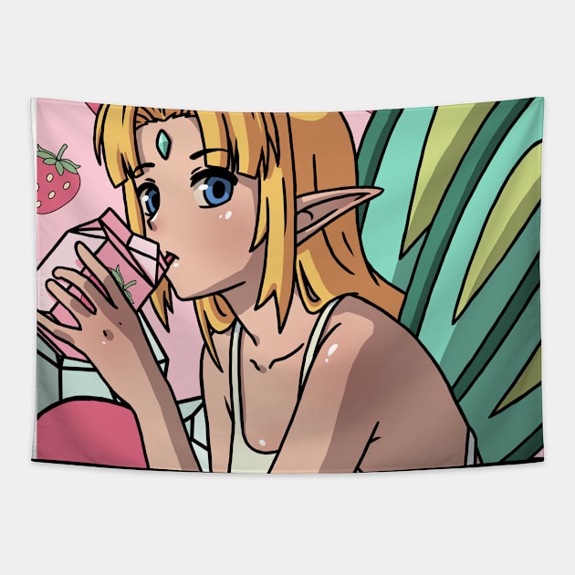 Fairycore Aesthetic Fairy Drinking Strawberry Milk Tapestry by Alex21